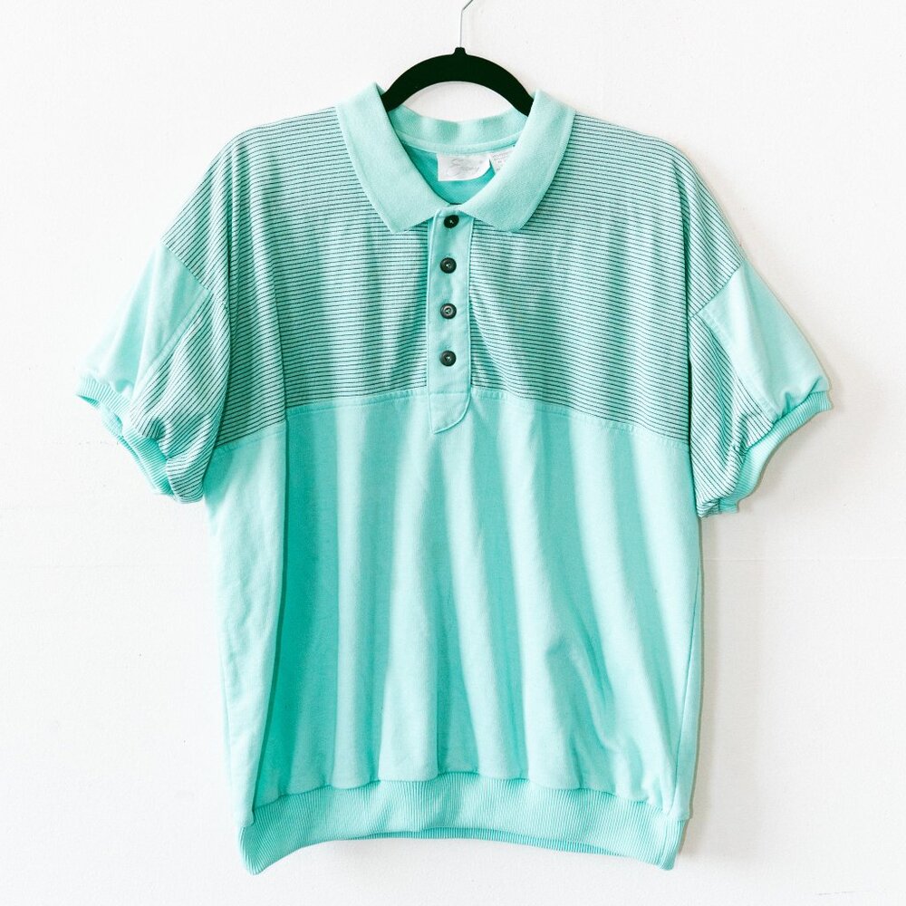 Vintage 80s Envoy Aquamarine Colorblock Polo Shirt with Striping